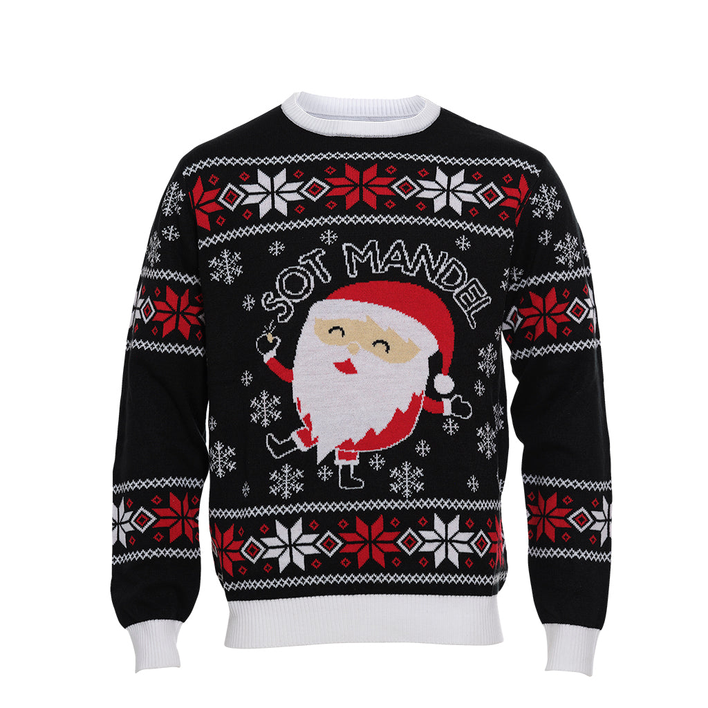 Svart jultröja med jultomten och snöflingor på.